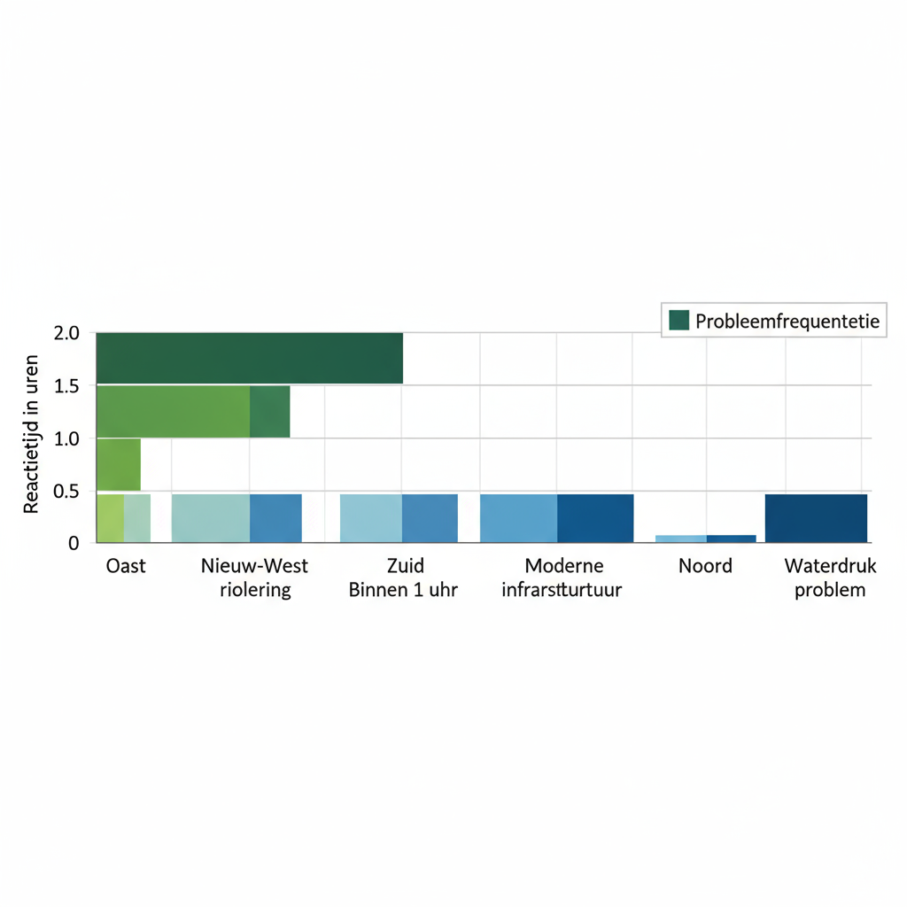Horizontaal staafdiagram van veelvoorkomende loodgietersproblemen en reactietijden per Amsterdamse wijk