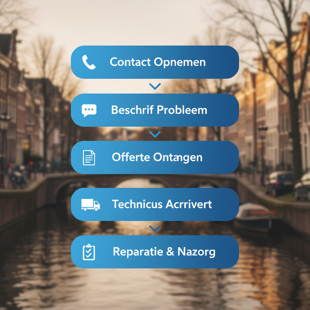 Verticaal processtroomdiagram met vijf stappen voor loodgietersdiensten in Amsterdam