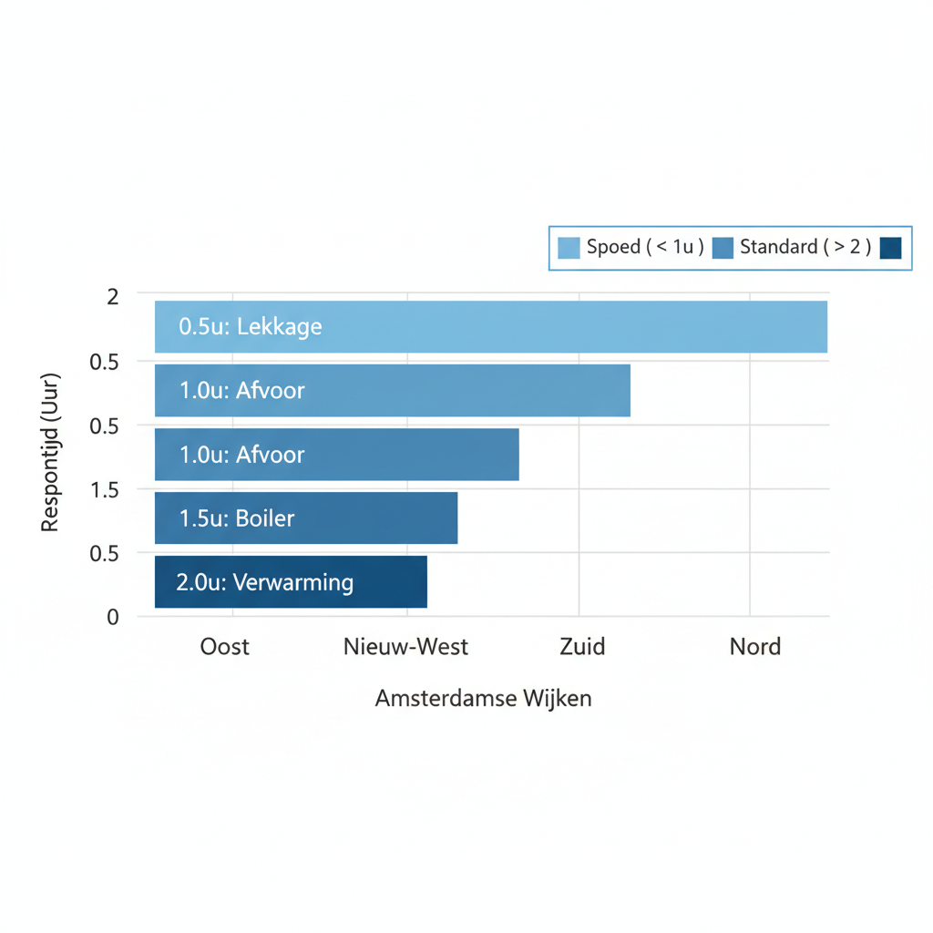 Horizontaal staafdiagram vergelijkend loodgietersresponstijden in Amsterdamse wijken