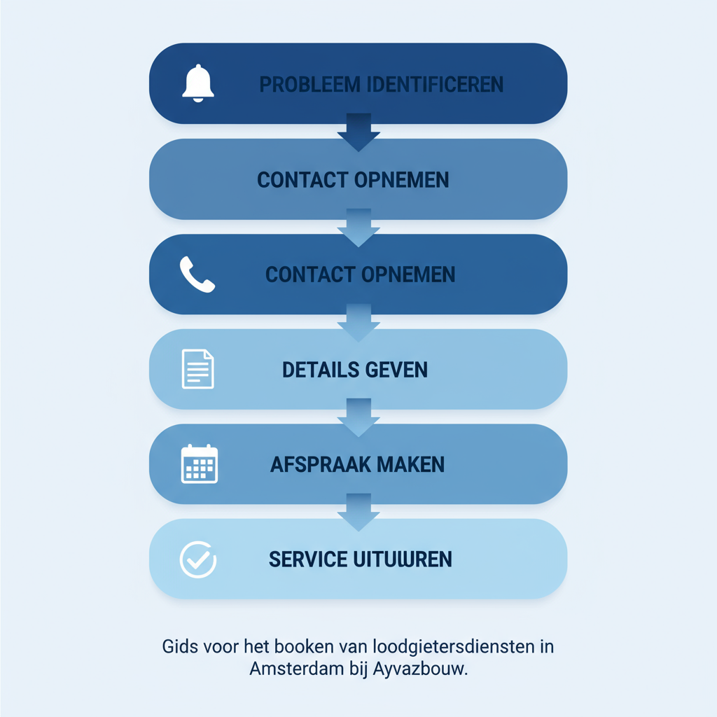 Verticaal procesdiagram met vijf stappen voor het contacteren van een loodgieter in Amsterdam