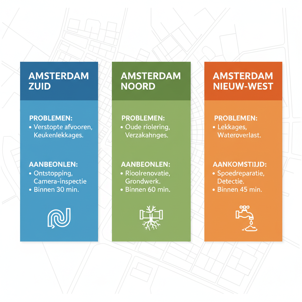 Infographic met vergelijking van loodgietersproblemen in Amsterdamse wijken Zuid, Noord en Nieuw-West