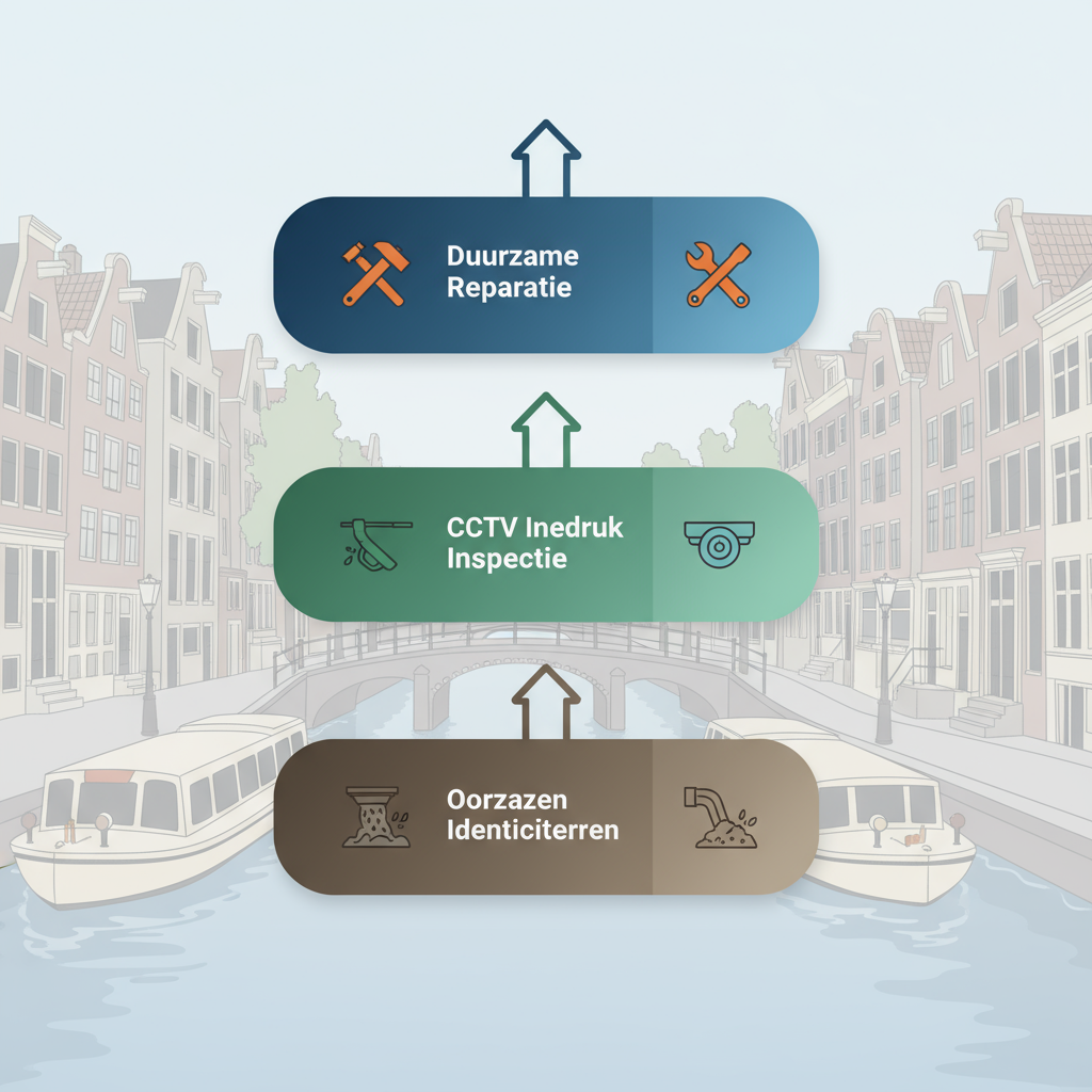 Illustratie van vierstapsproces voor het oplossen van verstopte afvoeren in Amsterdamse gebouwen: oorzaken identificeren, CCTV-inspectie, hogedruk spuiten en duurzame reparatie met iconen en pijlen.