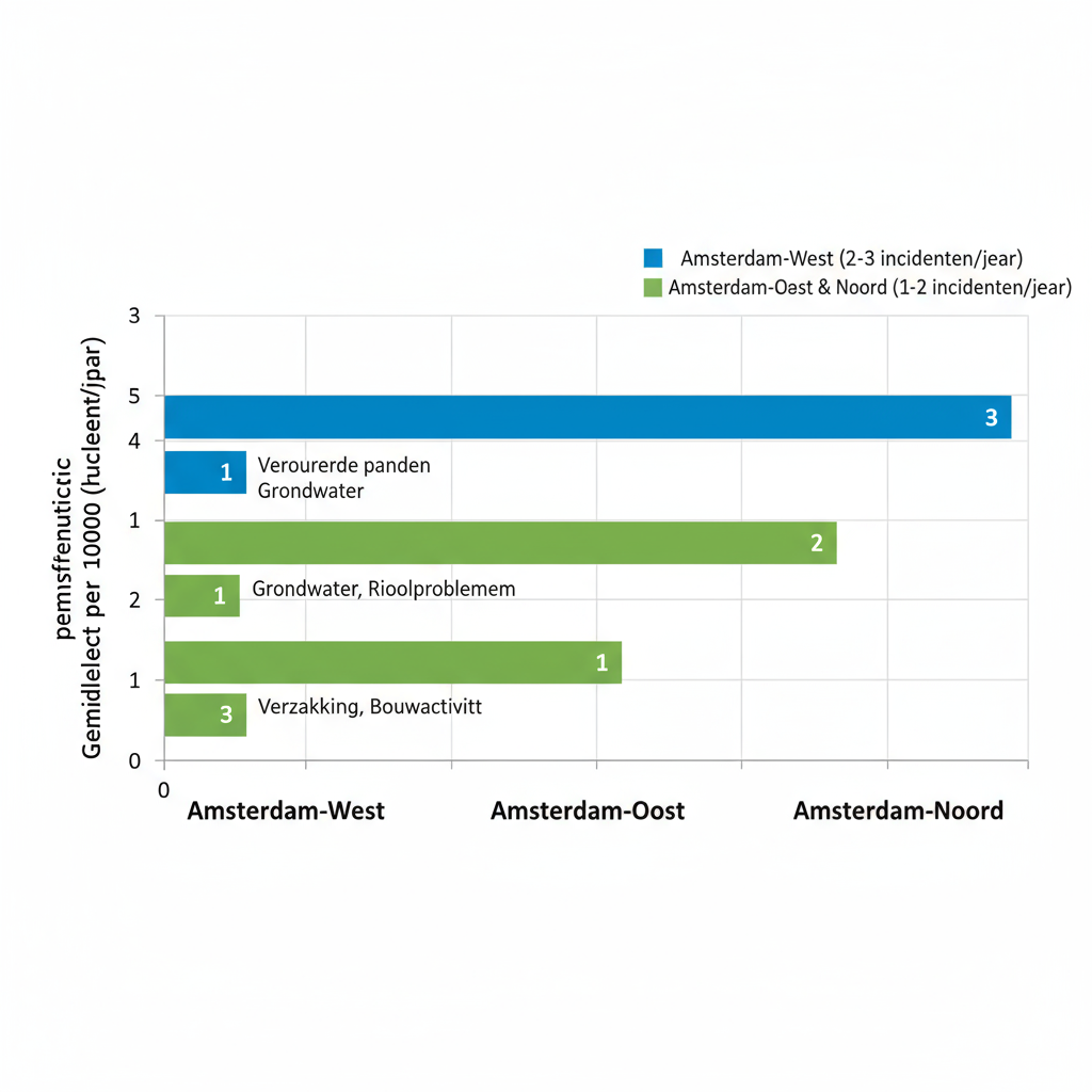 Horizontaal staafdiagram dat lekkage-incidenten vergelijkt tussen Amsterdamse wijken West, Oost en Noord met oorzakenlabels