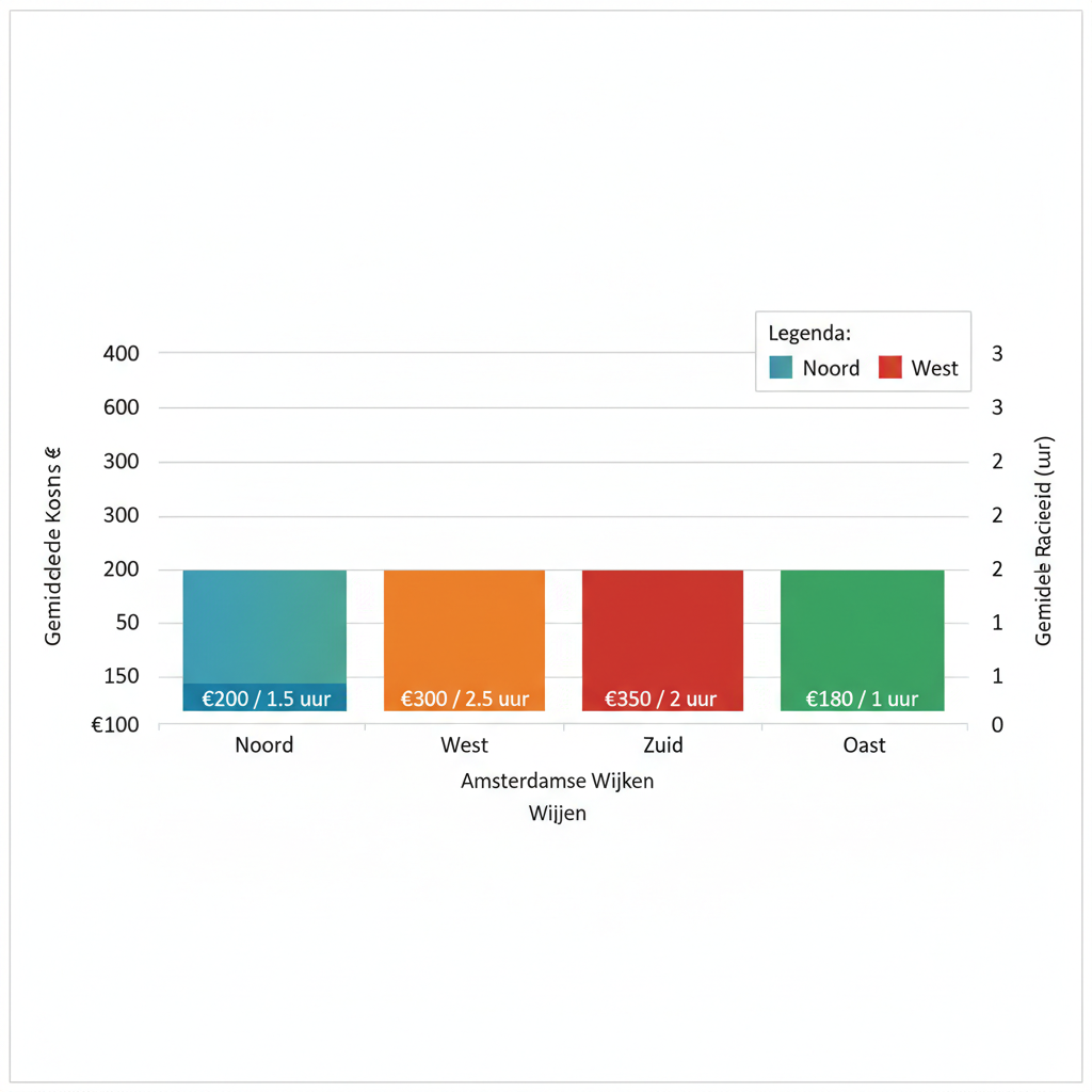 Vergelijkend horizontaal staafdiagram van kosten en reactietijden voor WC-ontstopping in Amsterdamse wijken zoals Noord, West, Zuid en Oost.