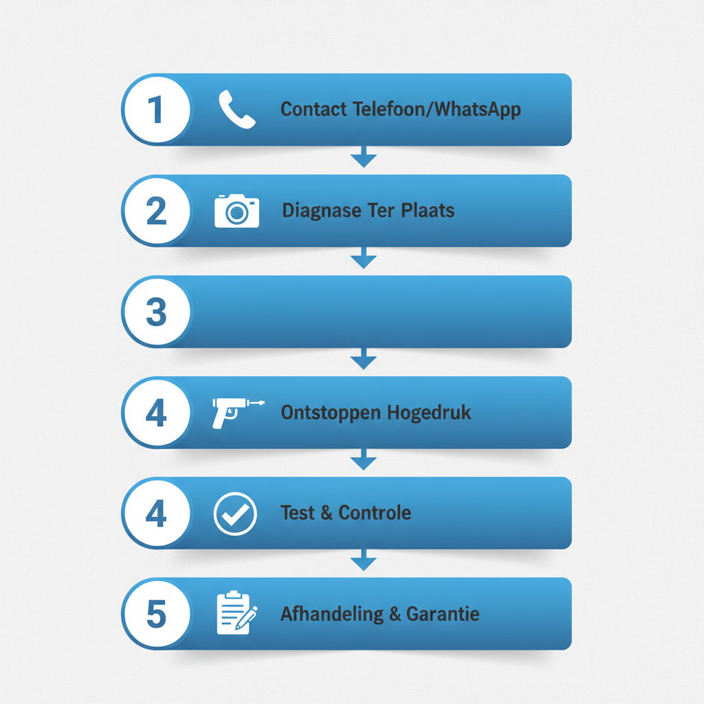 Verticaal processtroomdiagram met vijf stappen voor spoedontstopping van WC's in Amsterdam-Noord, inclusief iconen en korte labels