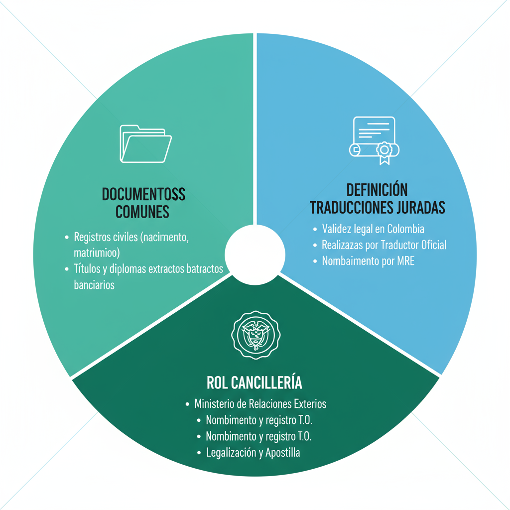 Infografía ilustrando conceptos fundamentales de traducciones oficiales en Colombia con diagrama circular de tres secciones.