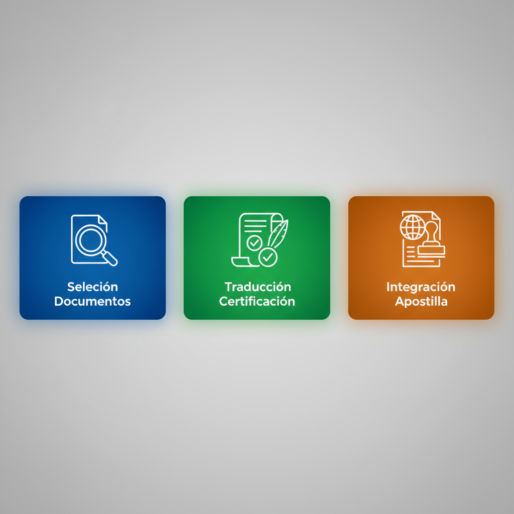 Diagrama de flujo horizontal de tres etapas para el proceso de obtención de traducciones oficiales en Colombia, mostrando selección de documentos, traducción certificada y integración con apostilla.