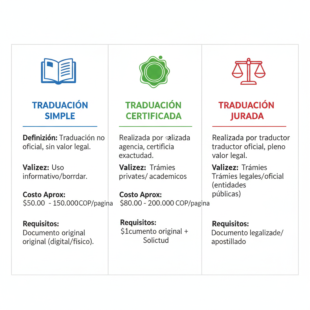 Infografía comparando traducciones simples, certificadas y juradas en Colombia con iconos y detalles clave
