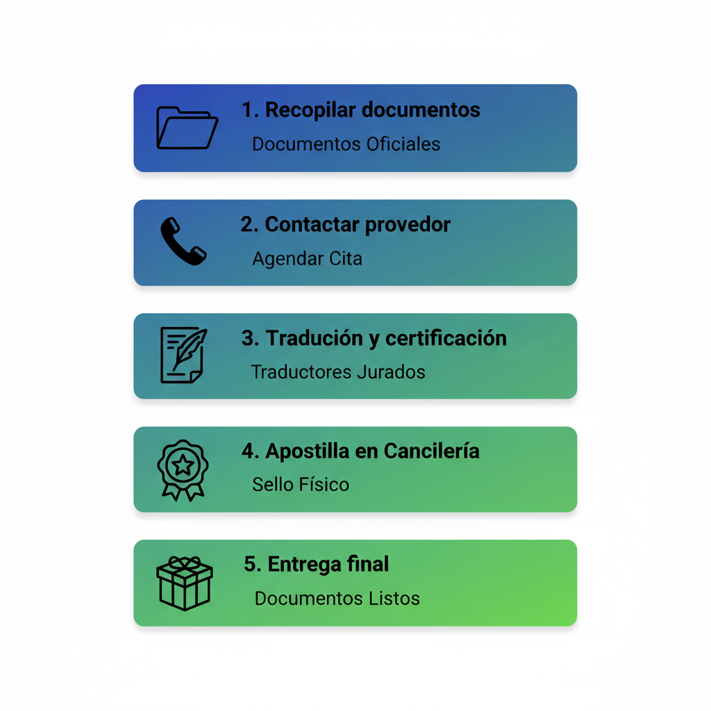 Diagrama de flujo vertical del proceso de obtención de traducciones oficiales y apostilla en Colombia