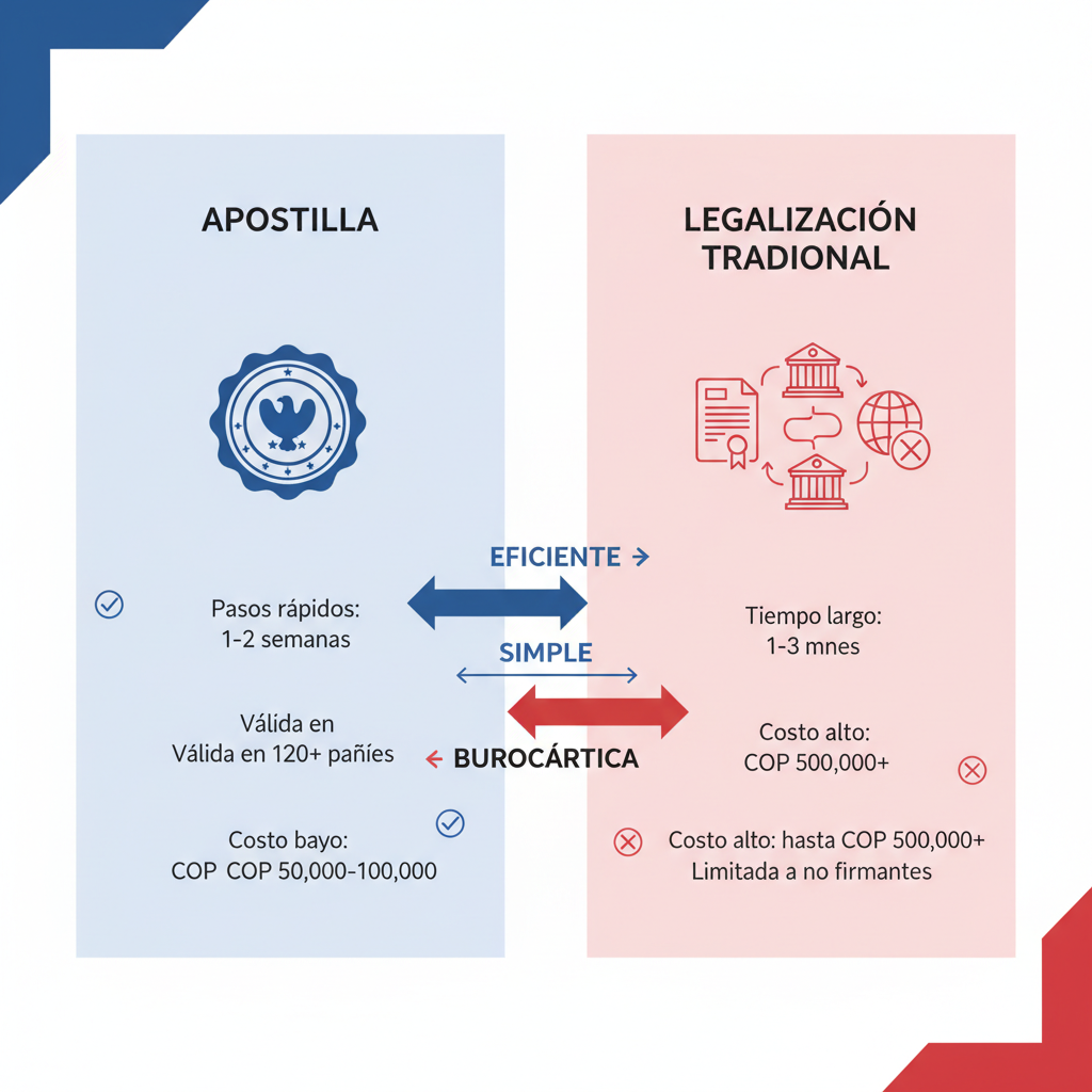 Infografía comparativa horizontal entre apostilla y legalización de antecedentes penales