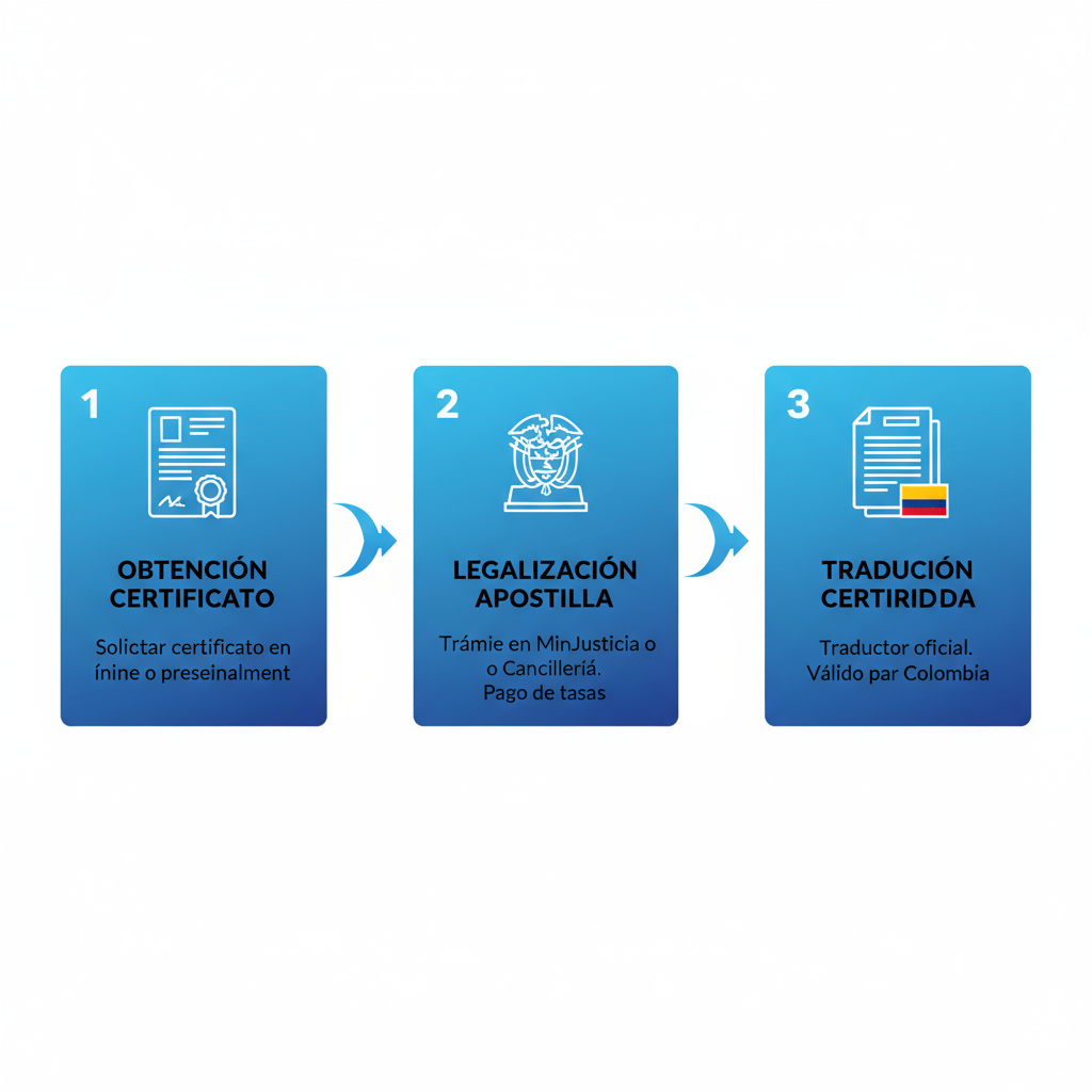 Diagrama ilustrado del proceso de apostilla con tres etapas conectadas por flechas.