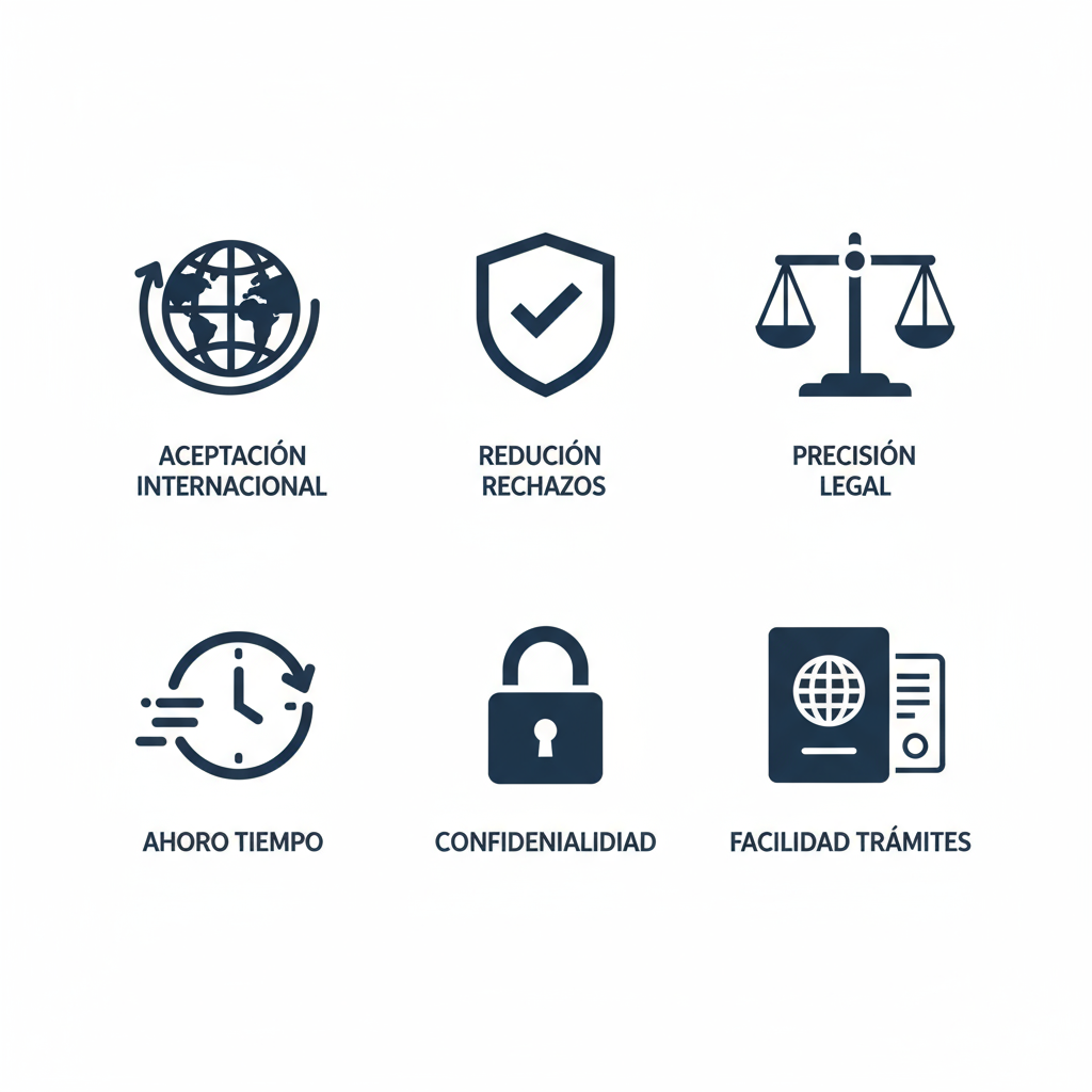 Conjunto de iconos ilustrando beneficios clave de las traducciones oficiales para validez internacional