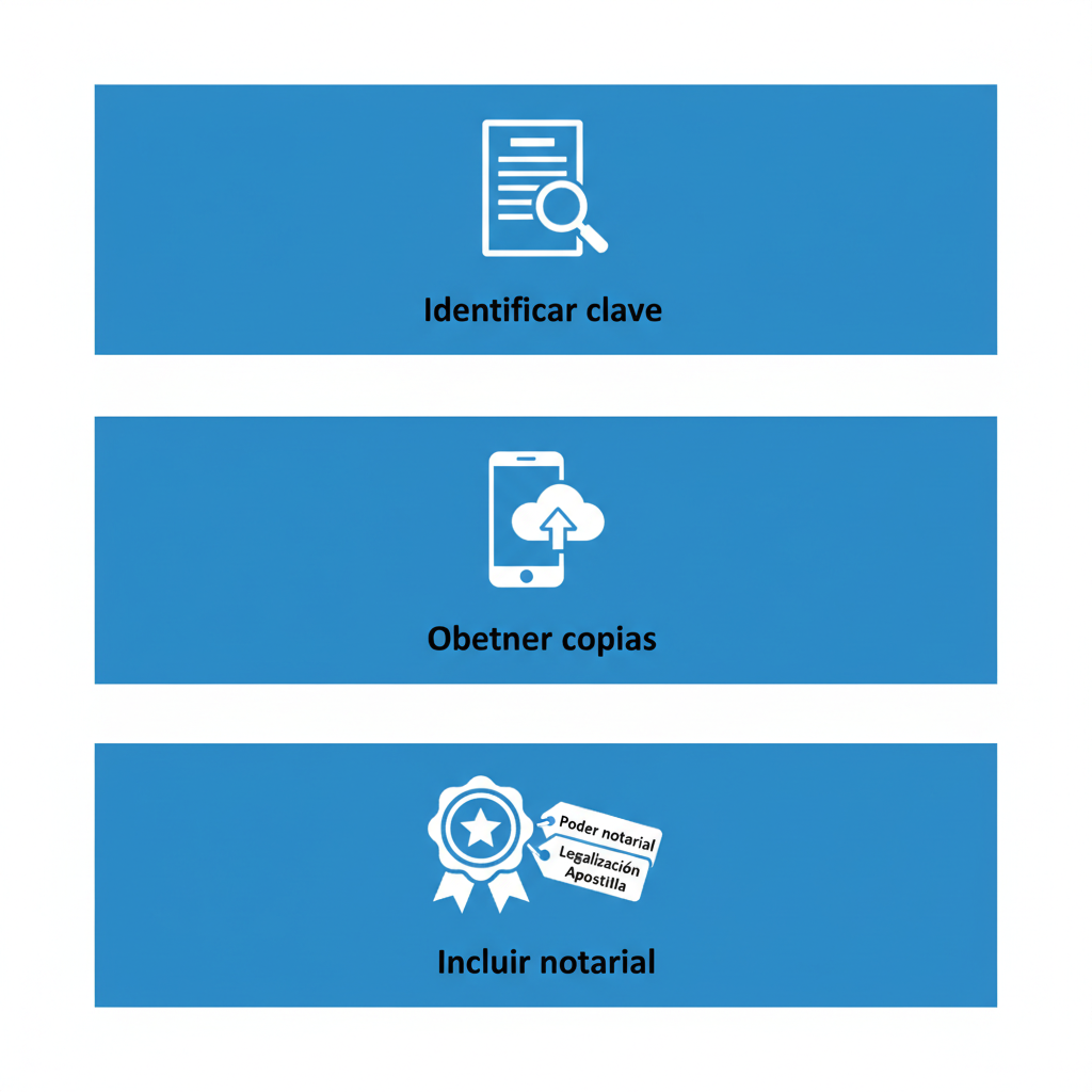 Diagrama de flujo vertical ilustrando los pasos para reunir documentos requeridos en apostilla de certificados académicos