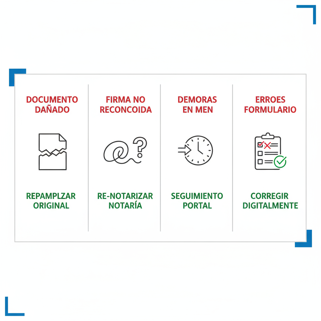 Infografía educativa con cuatro paneles sobre problemas comunes y soluciones en apostillas de certificados académicos