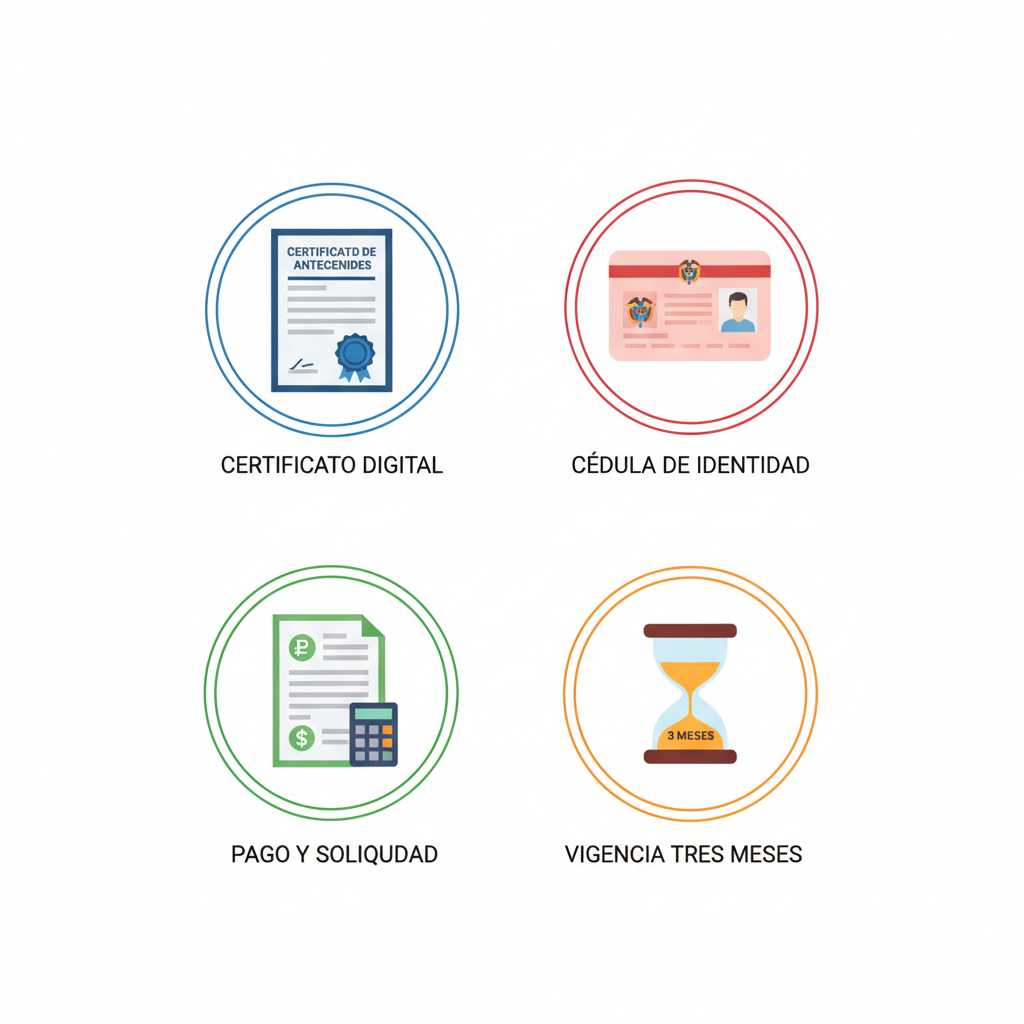 Conjunto de iconos que ilustran los requisitos previos para apostillar el certificado de antecedentes penales en Colombia: documento oficial, cédula, pago y vigencia.