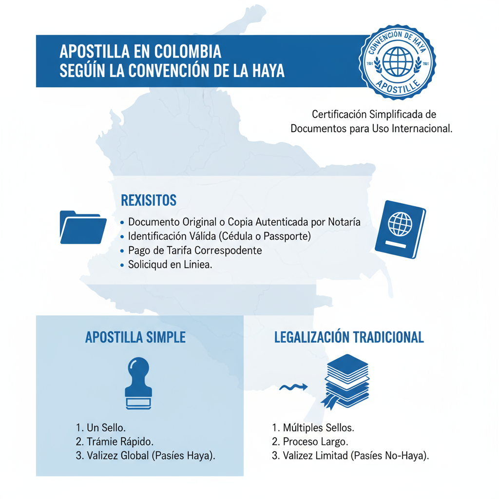 Infografía sobre apostilla de documentos en Colombia: definición, requisitos y diferencias con legalización tradicional