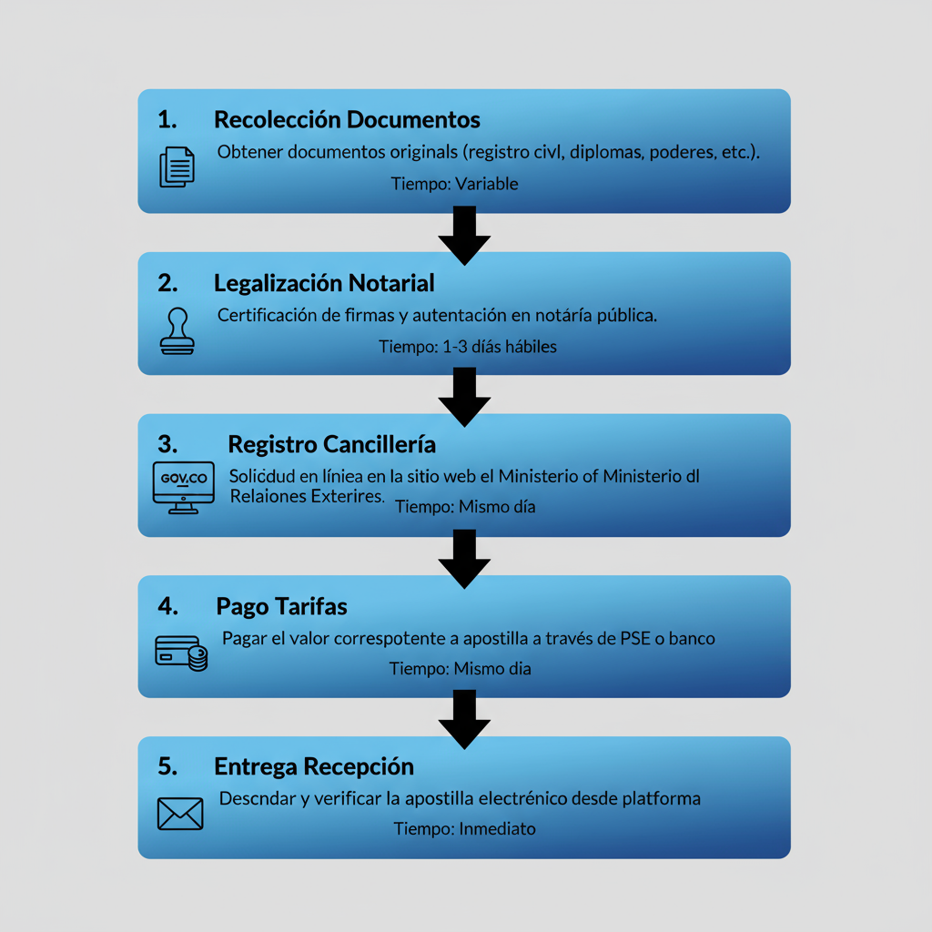 Diagrama de flujo vertical ilustrando los cinco pasos secuenciales para el proceso de apostilla de certificados en Colombia, con íconos y etiquetas breves.