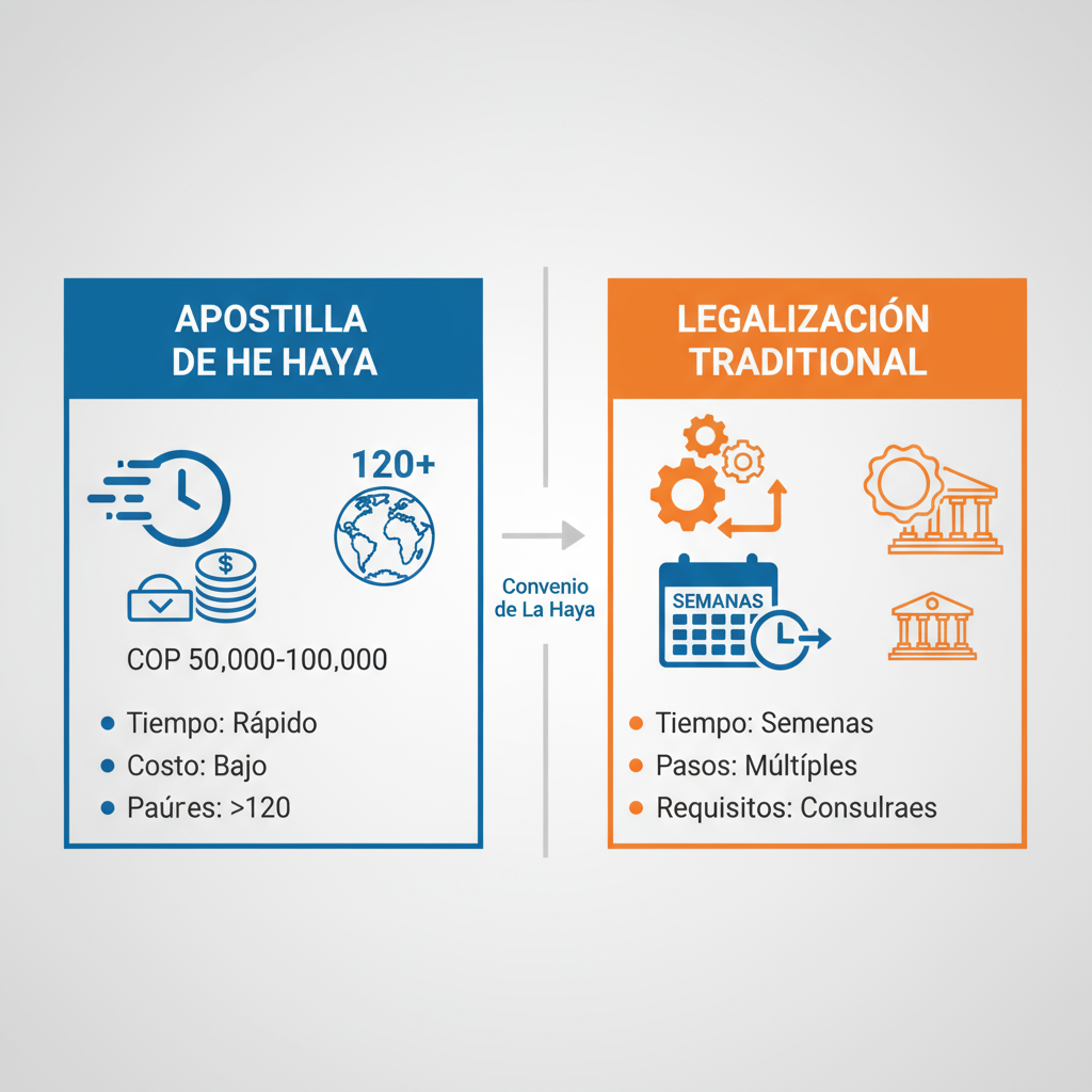 Infografía comparativa de las diferencias entre apostilla de La Haya y legalización tradicional para documentos y traducciones