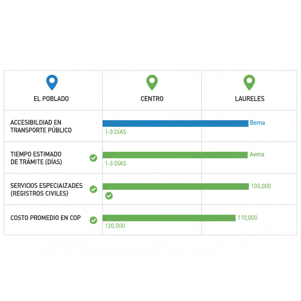 Infografía comparativa de áreas en Medellín para accesibilidad, tiempos y costos de servicios de apostilla