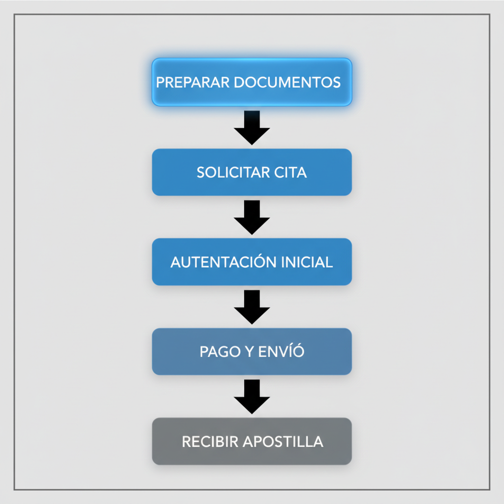 Diagrama de flujo vertical de cinco etapas para iniciar el proceso de apostilla en Medellín