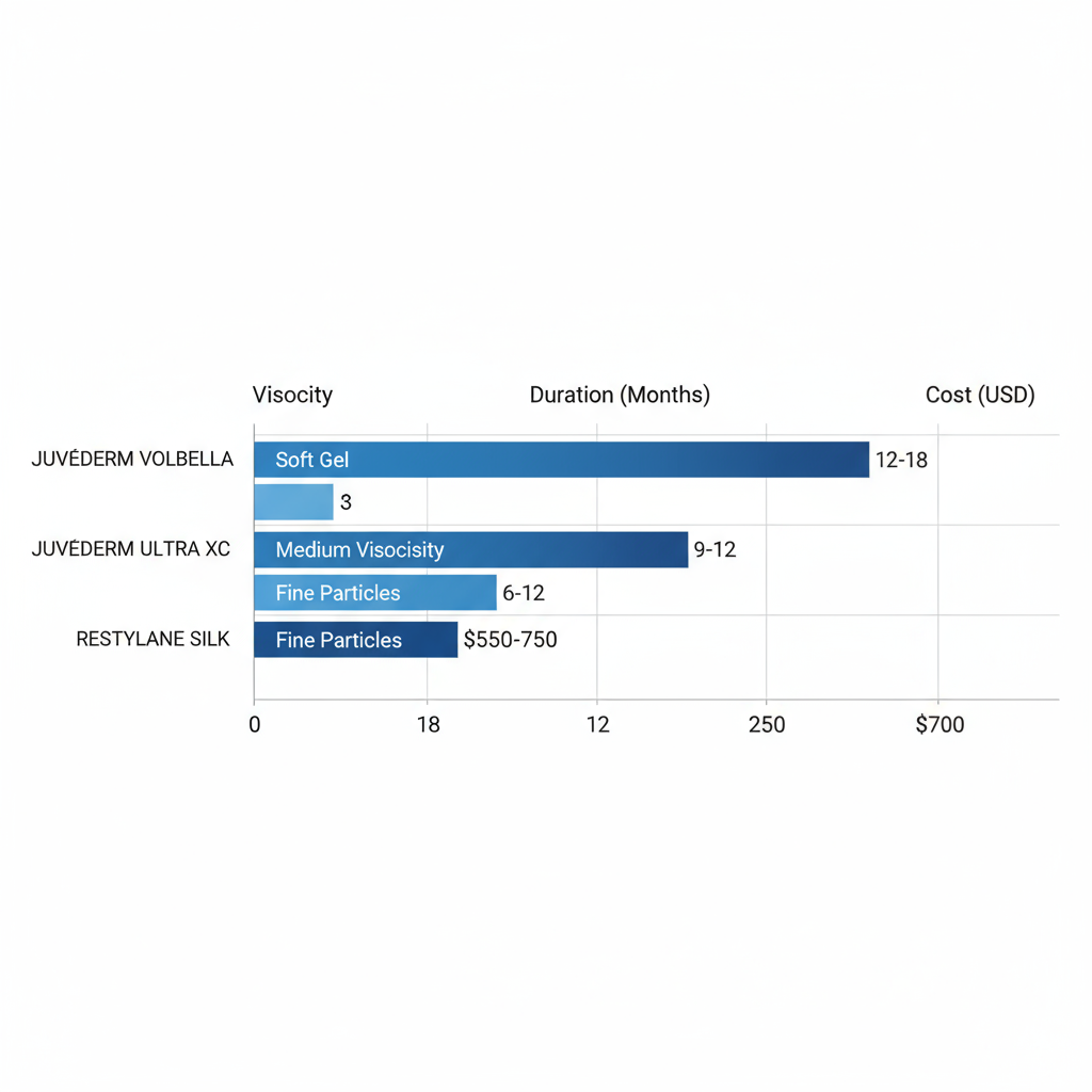 Horizontal bar chart comparing viscosity, duration, and cost of popular hyaluronic acid lip fillers including Juvederm Volbella, Juvederm Ultra XC, and Restylane Silk for accessibility.