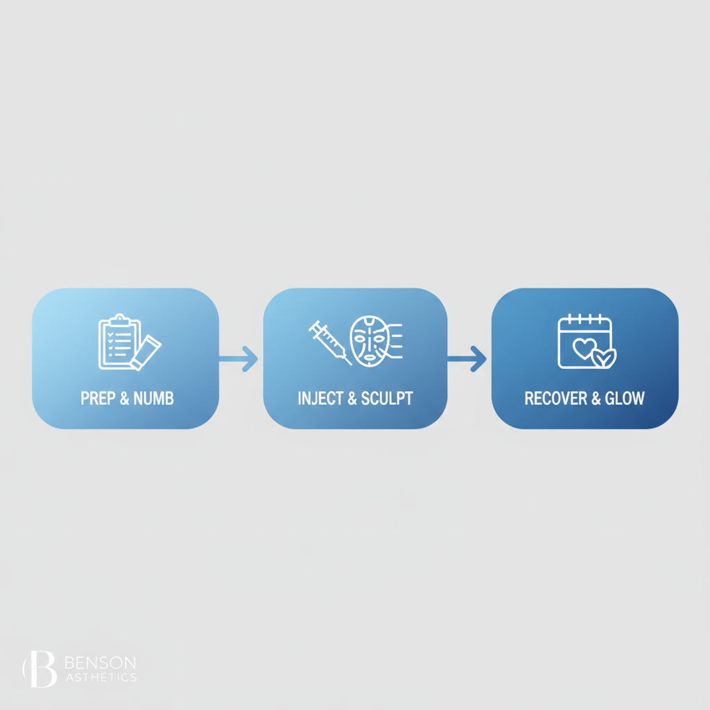 Horizontal diagram illustrating the three steps of the lip filler procedure: preparation, injection, and aftercare.