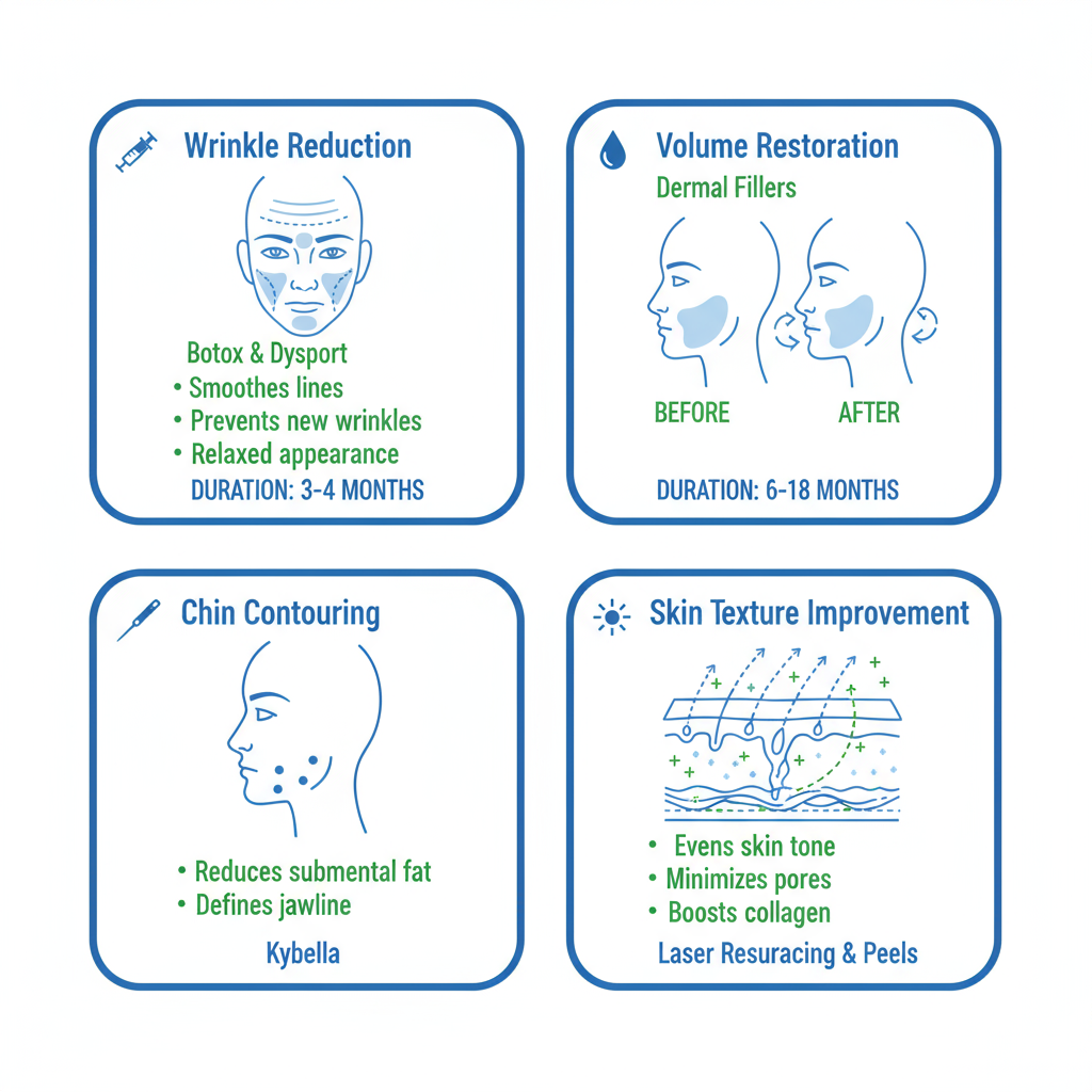 Infographic illustrating key facial rejuvenation treatments including Botox, fillers, Kybella, and laser options for Melbourne med spas