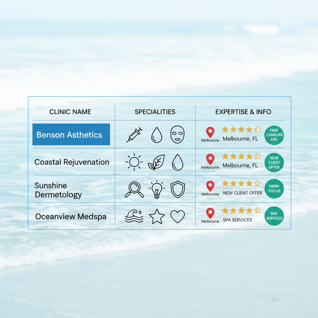 Infographic comparing anti-ageing clinics in Melbourne, Florida, highlighting Benson Aesthetics specialties and expertise.