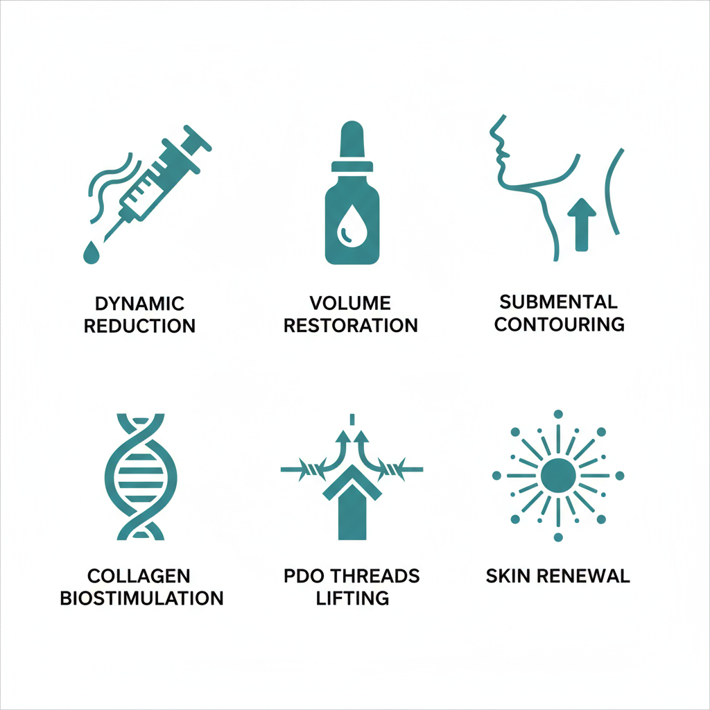 Grid of minimalist icons representing anti-aging facial treatments including Botox, dermal fillers, Kybella, Sculptra, PDO threads, and laser resurfacing