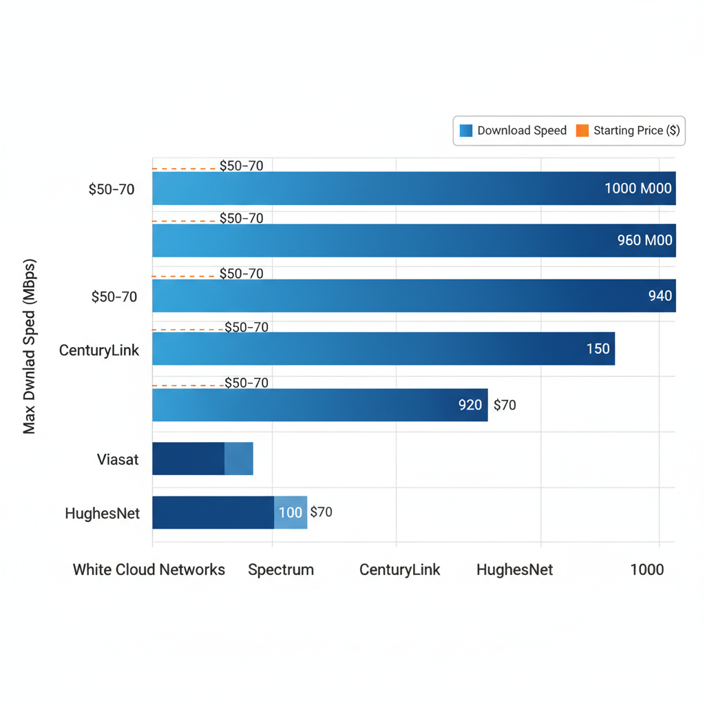 Horizontal bar chart comparing maximum download speeds and starting prices of internet providers in Filer, Idaho