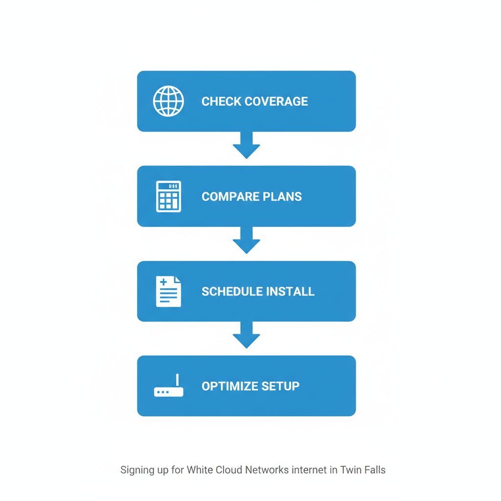 Vertical process flow diagram illustrating the four steps to sign up for internet service with White Cloud Networks in Twin Falls