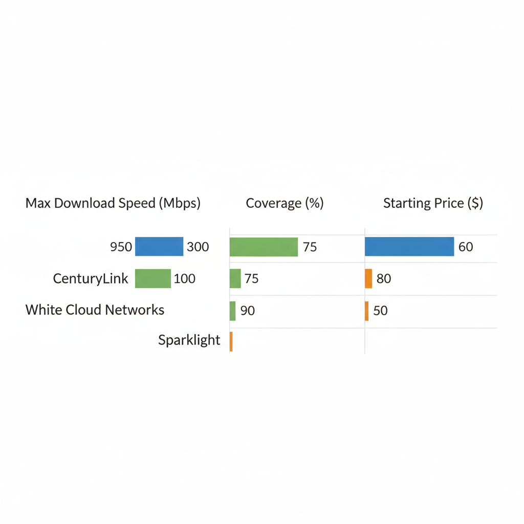 Horizontal bar chart comparing White Cloud Networks, CenturyLink, and Sparklight internet providers in Twin Falls, ID, by max download speed, coverage percentage, and starting price