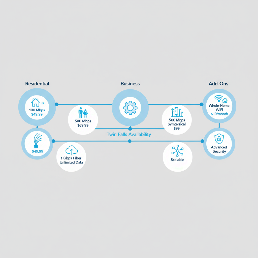 Infographic comparing White Cloud Networks residential, business, and add-on internet plans in Twin Falls