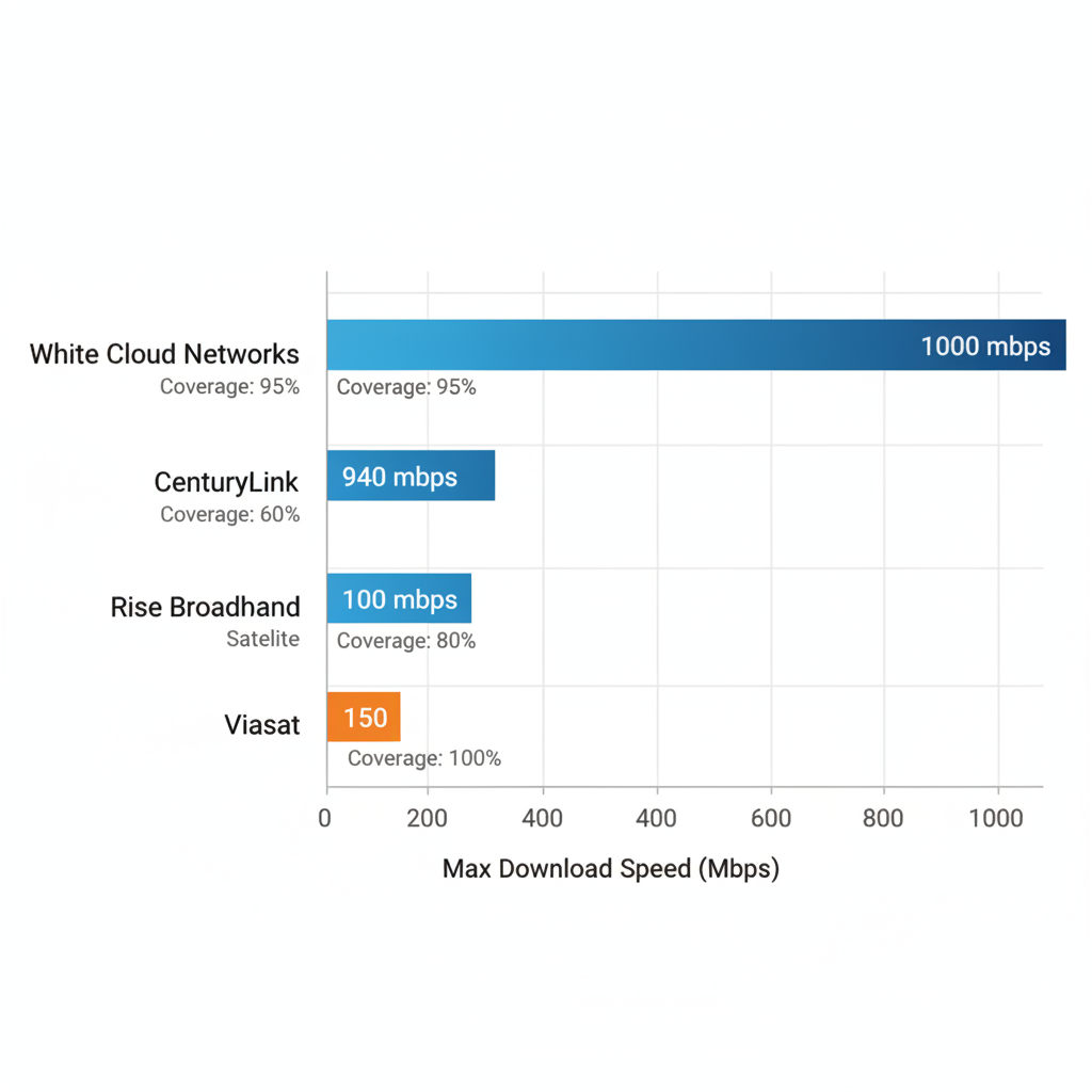 Horizontal bar chart comparing maximum download speeds and coverage percentages of internet providers in Hansen, Idaho