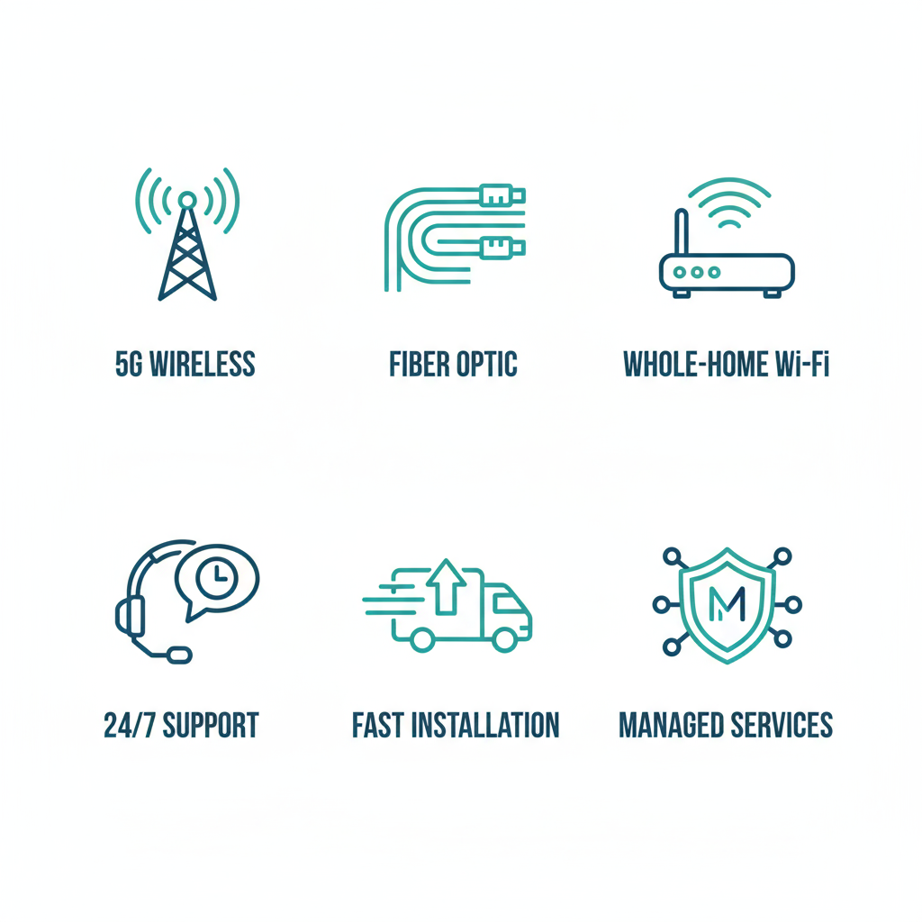 Grid of icons depicting White Cloud Networks features: 5G wireless, fiber optic, Wi-Fi, support, installation, and managed services