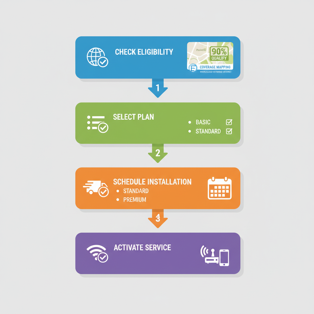 Vertical process flow illustrating four steps to connect to high-speed internet service in Fairfield with White Cloud Networks