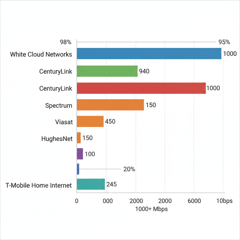 Horizontal bar chart comparing maximum download speeds of broadband providers in Kimberly, ID, with coverage indicators.