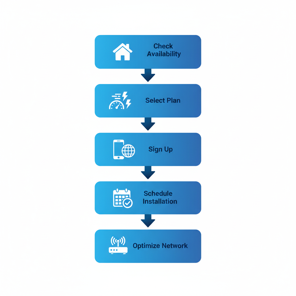 Vertical process flow diagram showing five steps to connect with White Cloud Networks in Wendell, Idaho: check availability, select plan, sign up, schedule installation, and optimize network.