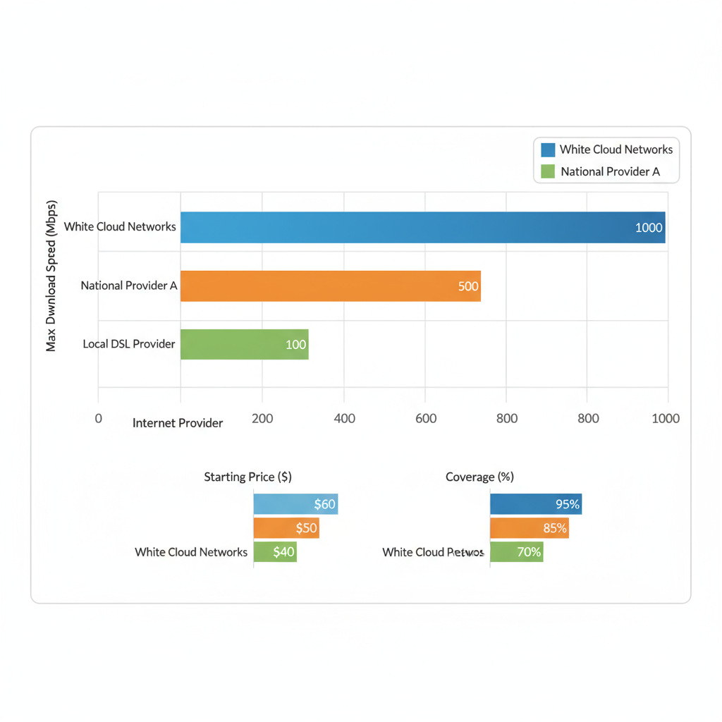 Horizontal bar chart comparing internet providers in Buhl, ID, showing download speeds, starting prices, and coverage percentages