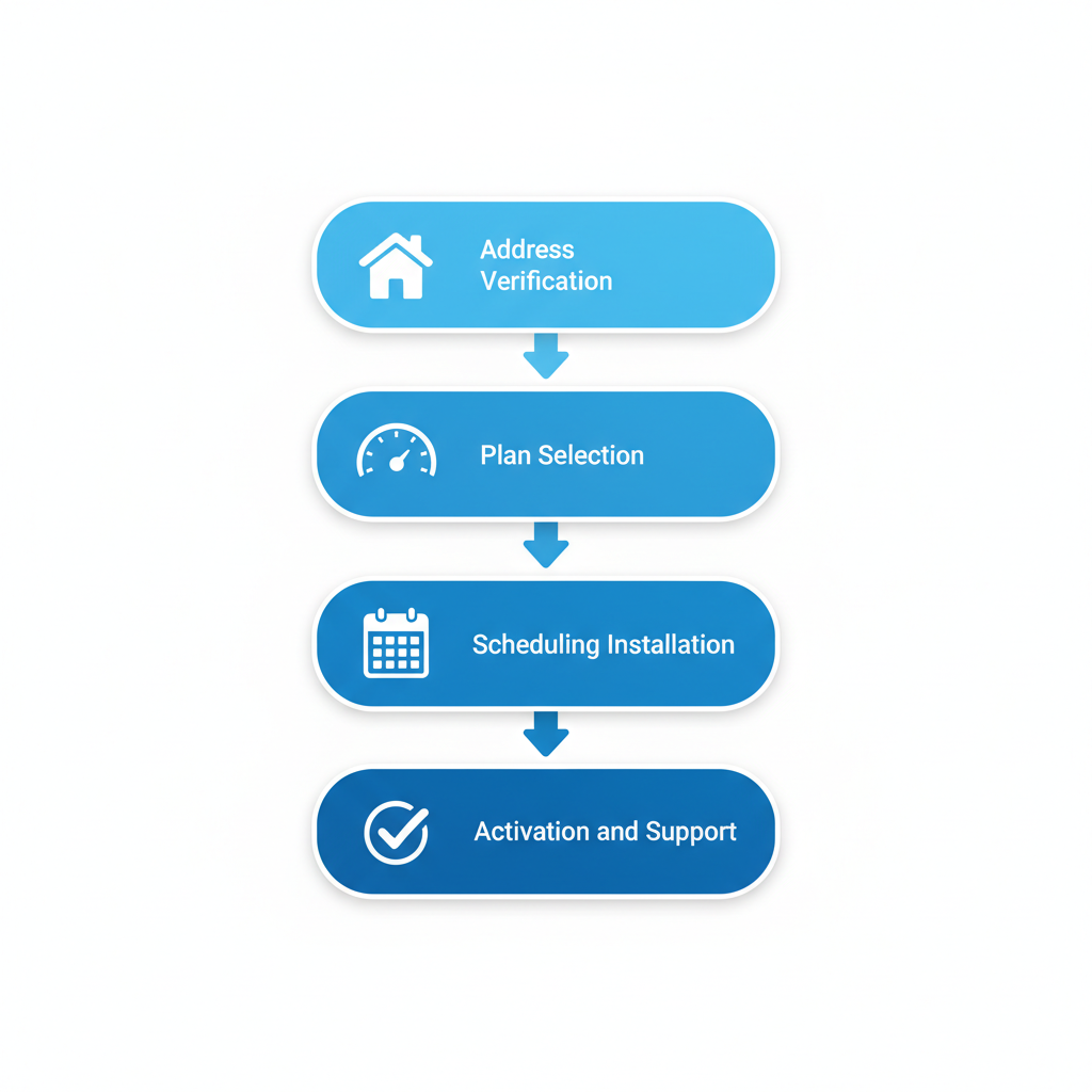 Vertical process flow diagram showing four steps to get internet service in Pocatello: address verification, plan selection, scheduling installation, and activation support.