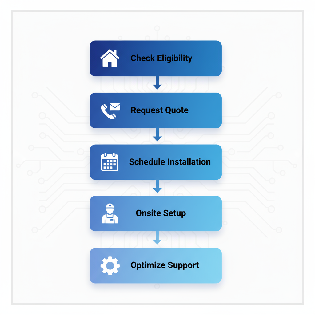 Vertical process flow diagram illustrating five steps to secure reliable internet in Buhl, ID: check eligibility, request quote, schedule installation, onsite setup, and optimize support.