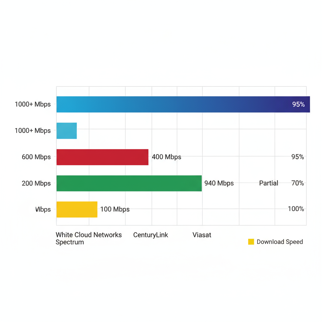 Horizontal bar chart comparing maximum download speeds and coverage percentages of major broadband providers in Gooding, Idaho