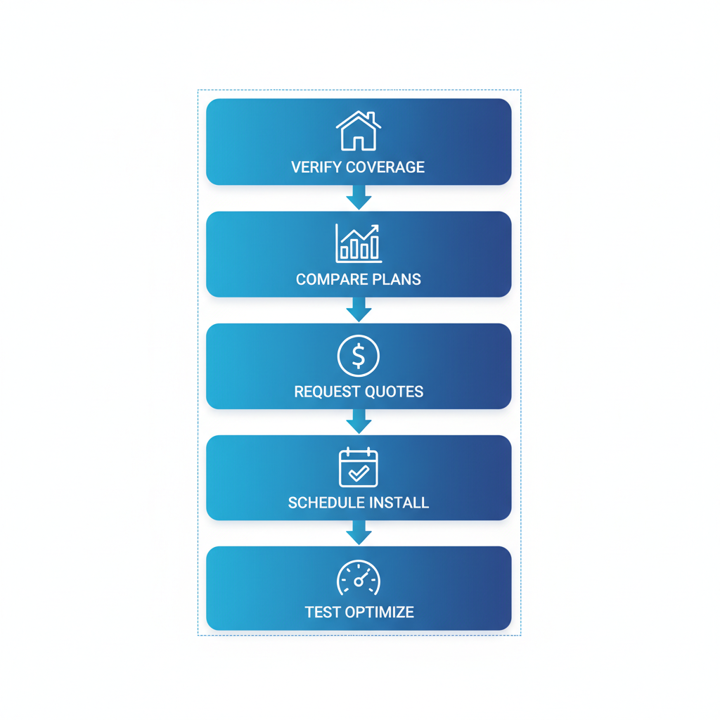 Vertical process flow diagram showing five steps to secure fast internet in Pocatello with icons and labels.