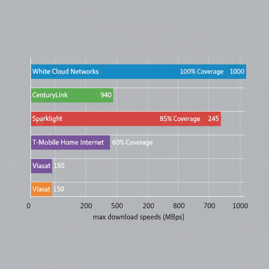 Horizontal bar chart comparing maximum download speeds of internet providers in American Falls, ID, with coverage labels.