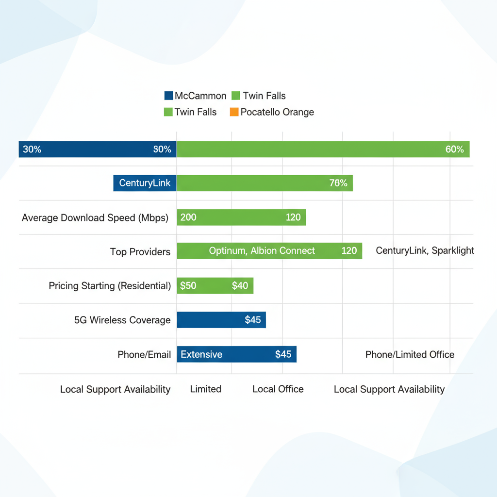 Horizontal bar chart comparing broadband metrics in Southern Idaho cities: Mccammon, Twin Falls, and Pocatello