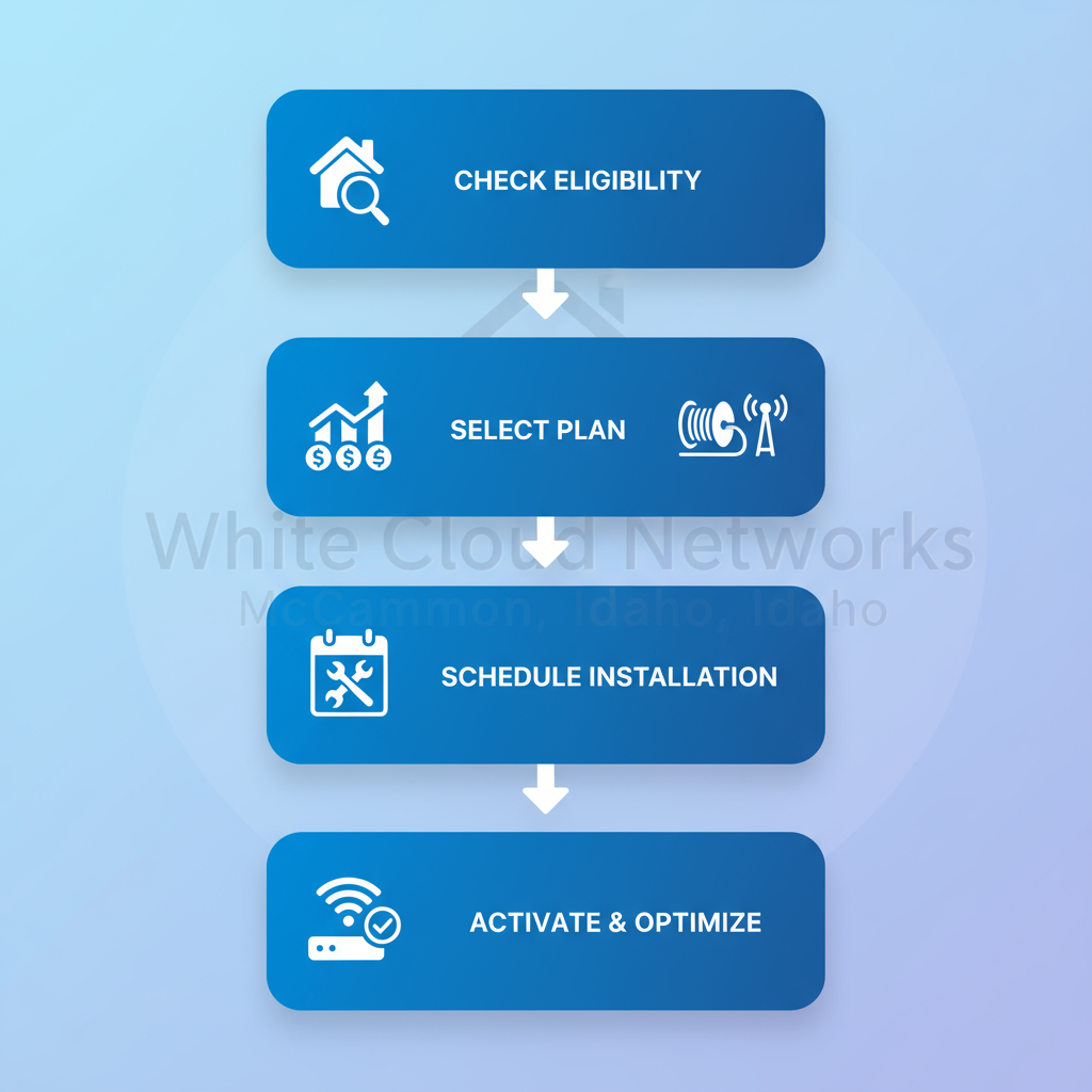 Vertical process flow illustrating four steps to secure McCammon internet service: eligibility check, plan selection, installation scheduling, and activation optimization with icons.