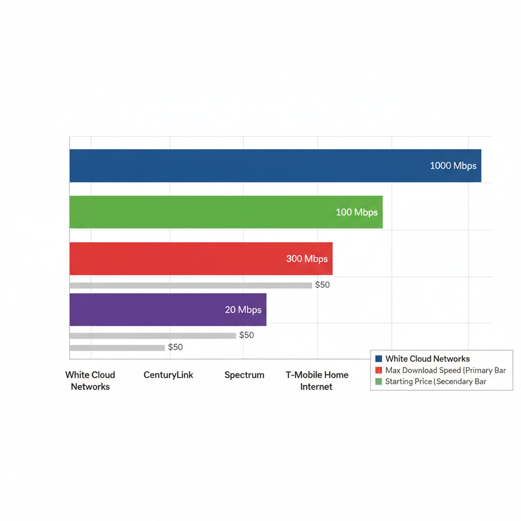 Horizontal bar chart comparing maximum download speeds and starting prices of internet providers in Blackfoot, Idaho: White Cloud Networks, CenturyLink, Spectrum, and T-Mobile Home Internet.