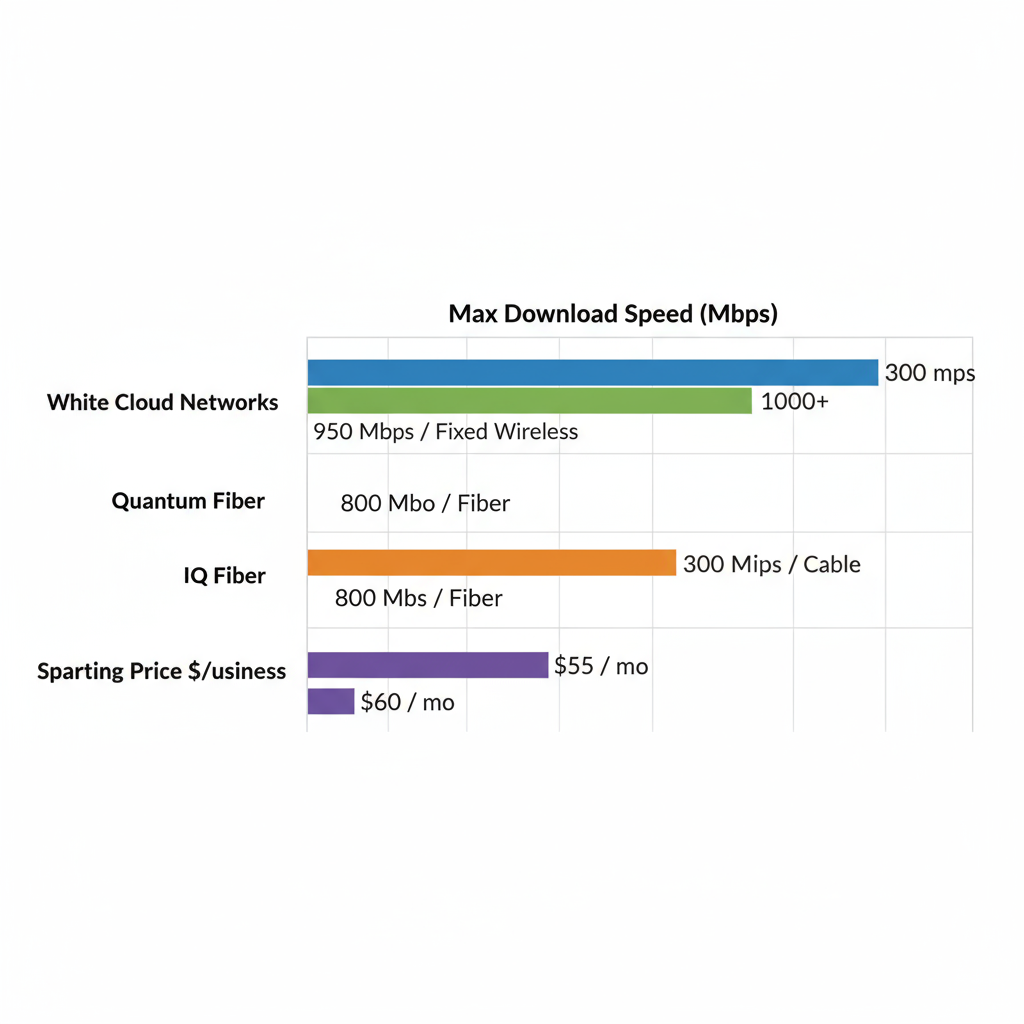 Horizontal bar chart comparing max download speeds and starting prices of Pocatello business internet providers: White Cloud Networks in blue, Quantum Fiber in green, IQ Fiber in orange, Spectrum Business in purple.