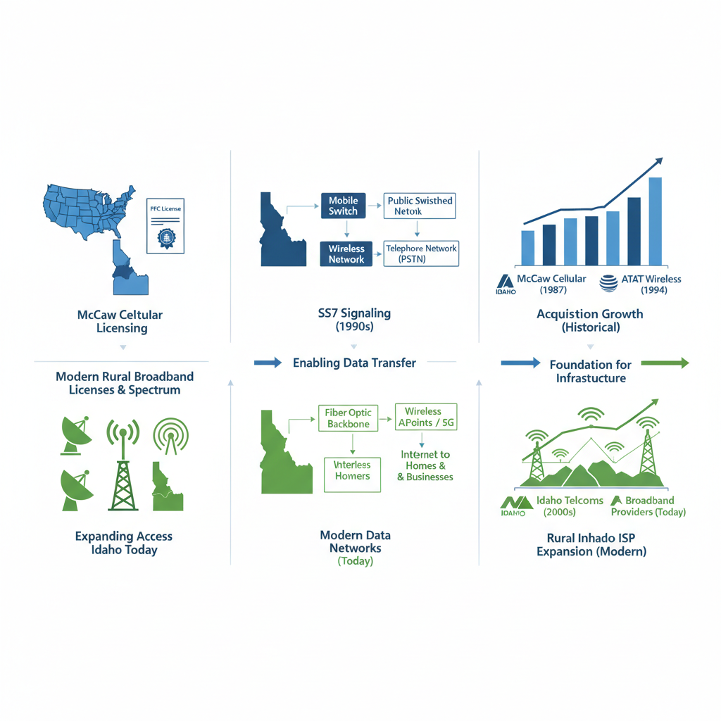Infographic illustrating comparison between McCaw Cellular historical innovations and modern rural broadband solutions in Idaho