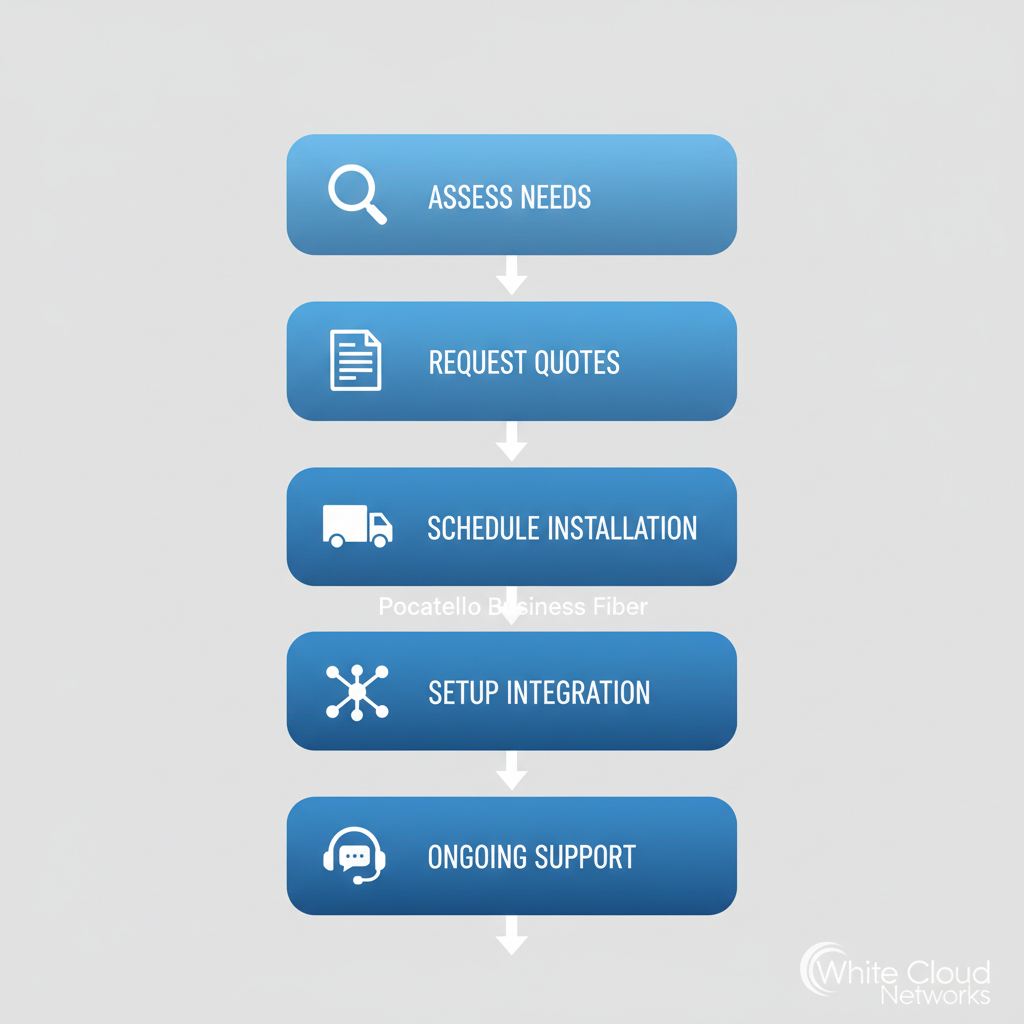 Vertical process flow diagram of five steps for business fiber implementation in Pocatello: assess needs with magnifying glass, request quotes with document, schedule installation with truck, setup integration with network, ongoing support with support icon.